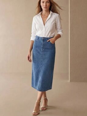 Classic Blue Denim Midi Skirt